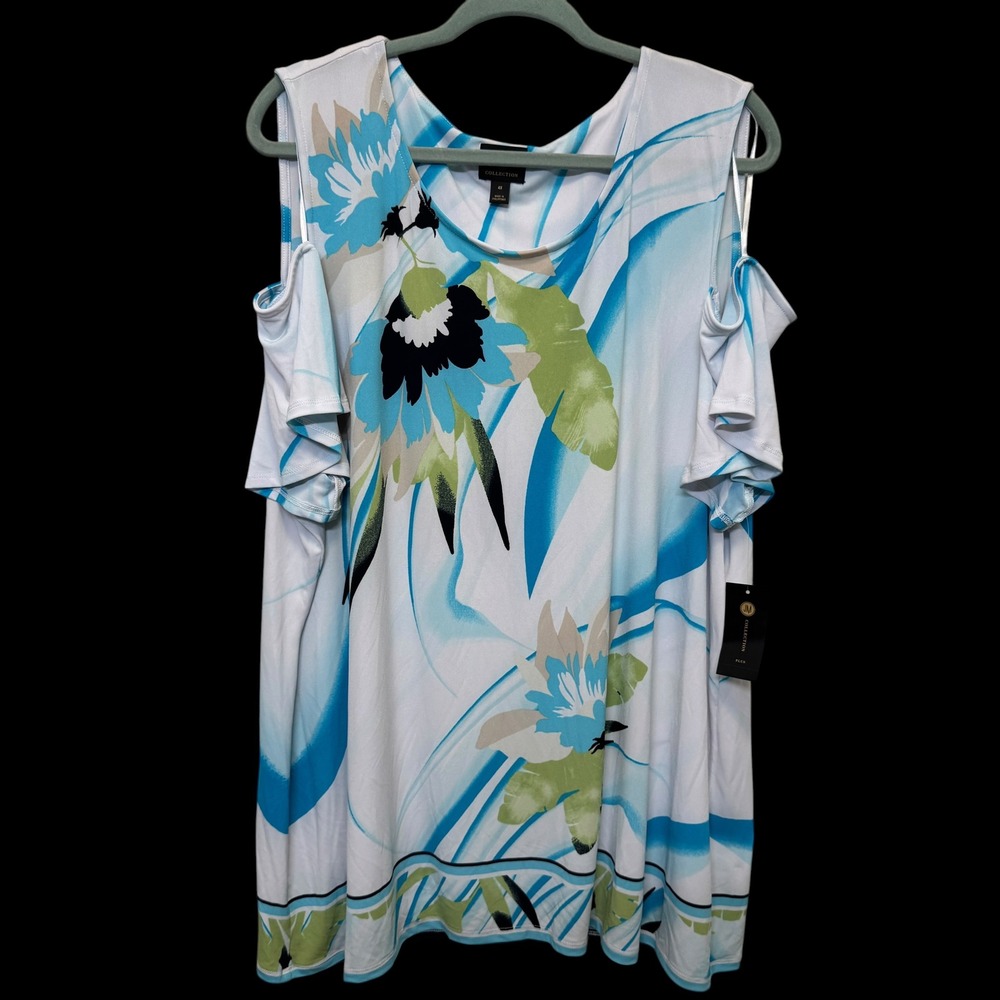 JM Collection Womens Top 4X‎ Seafoam Blue Floral Cold Shoulder Tropical Summer
